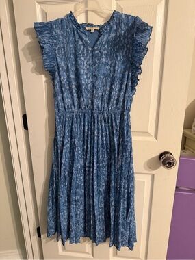 Blue Printed Ruffle-Sleeve Maxi Dress